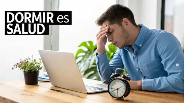 Joven con dolor de cabeza frente a su laptop, buscando trucos para dormir mejor. El reloj marca la hora.